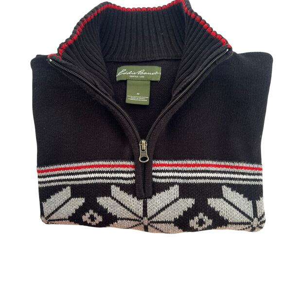 Eddie Bauer Men’s Fair Isle Half Zip Sweater Black Red Gray Cotton M - Picture 2 of 8